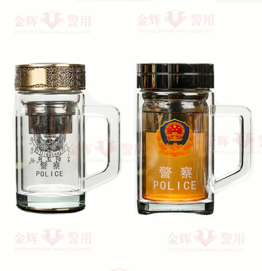 警用水杯 公安文化警徽纪念水杯 警察专用水晶杯 带手柄警察茶杯 顾虑泡茶杯
